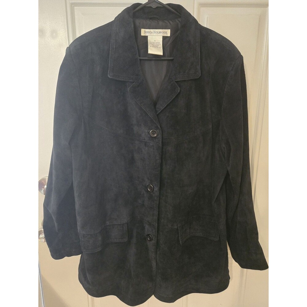 Vintage Y2K Jessica Holbrook Womens 1X Black Suede Leather Jacket Lined Pockets